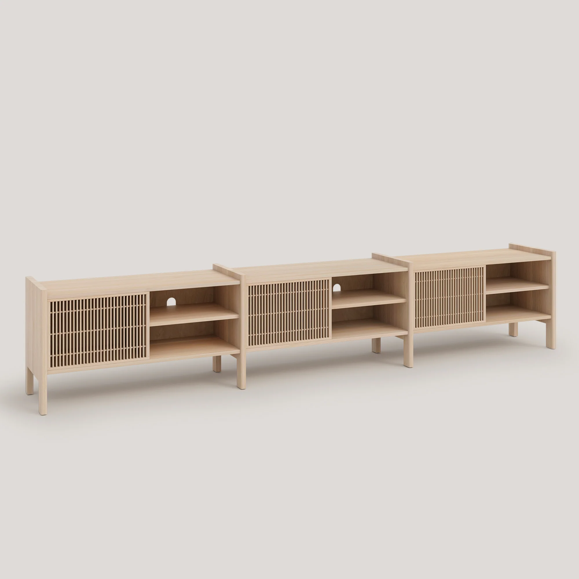Large Mendia TV furniture in solid wood for vinyl records 3 doors 301 cm - Image 11