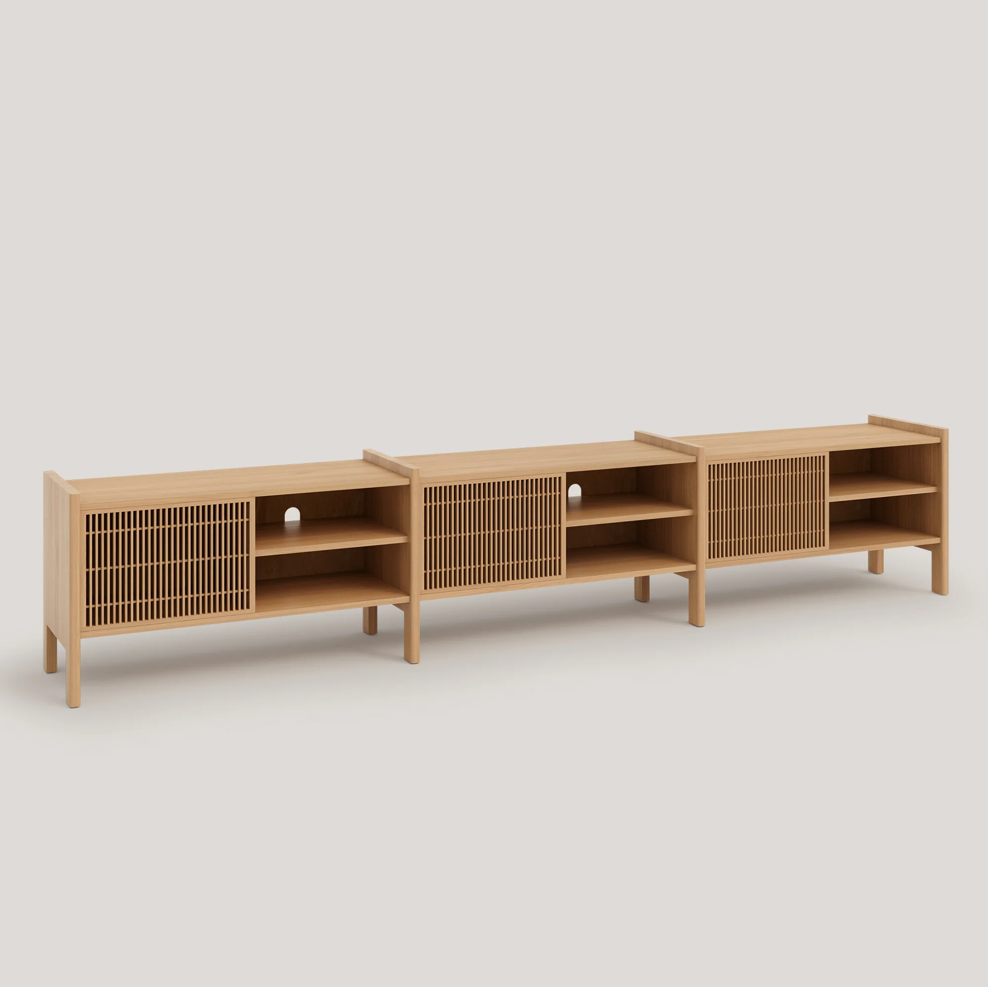 Large Mendia TV furniture in solid wood for vinyl records 3 doors 301 cm - Image 14